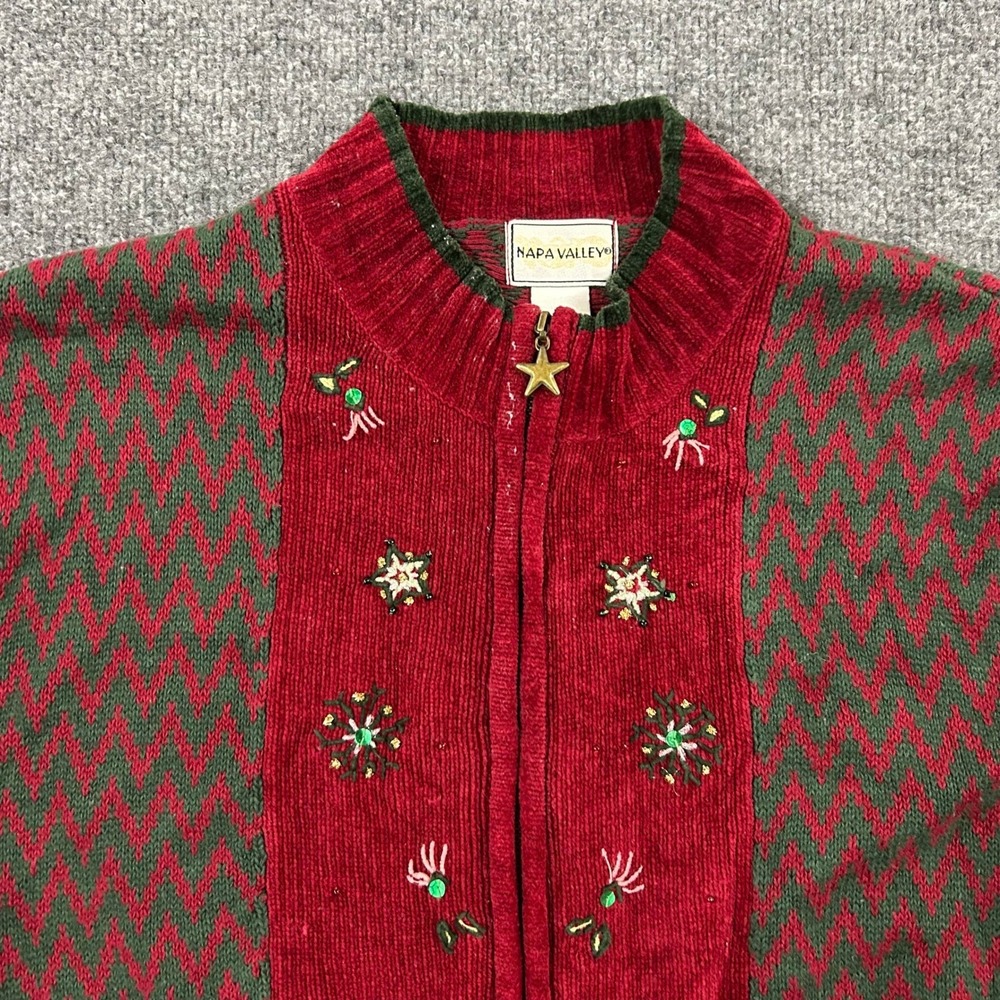 Napa Valley Cardigan Womens XL Red Green Chevron Zip Holiday Snowflake Sweater